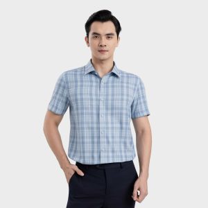 Áo Sơ Mi Nam Ngắn Tay Kẻ Caro Xanh Dương