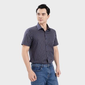 Áo Sơ Mi Nam Ngắn Tay Kẻ Caro Xanh Navy