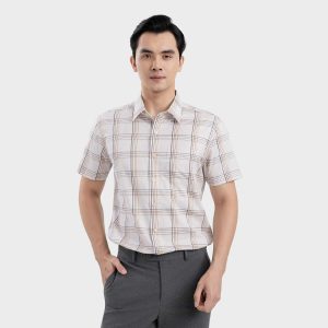 Áo Sơ Mi Nam Ngắn Tay Kẻ Caro Trắng Vàng