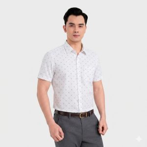 Áo Sơ Mi Nam Ngắn Tay Trắng Họa Tiết Nhỏ