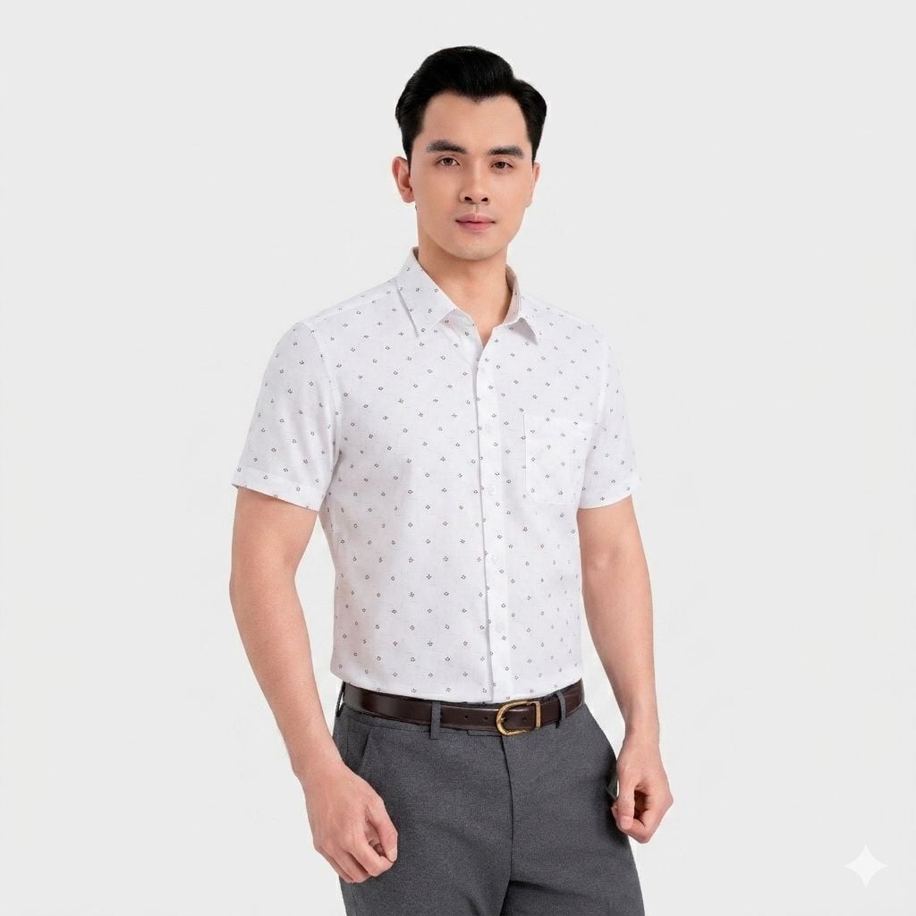 Áo Sơ Mi Nam Ngắn Tay Trắng Họa Tiết Nhỏ